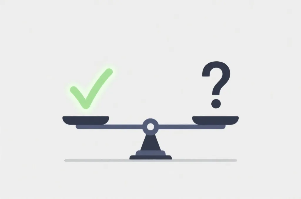 A clean minimalist illustration of a balance scale with a glowing checkmark on one side and a question mark on the other, representing mathematical decision making, vector style